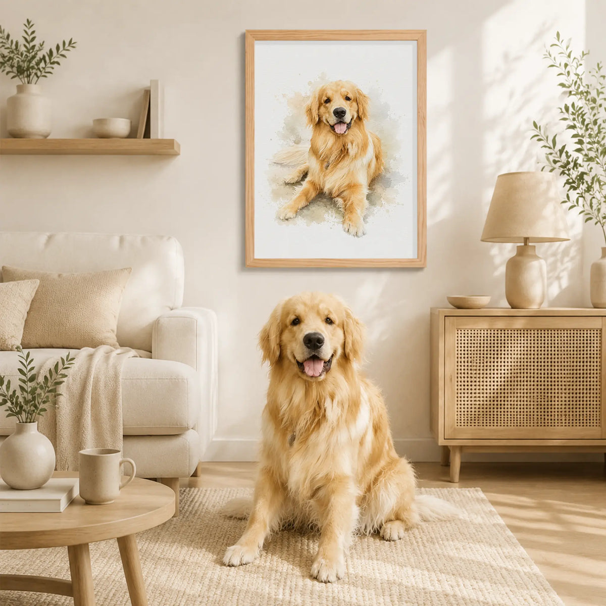 Golden retriever sitting below their custom watercolor portrait on wood, showing the likeness from the original photo