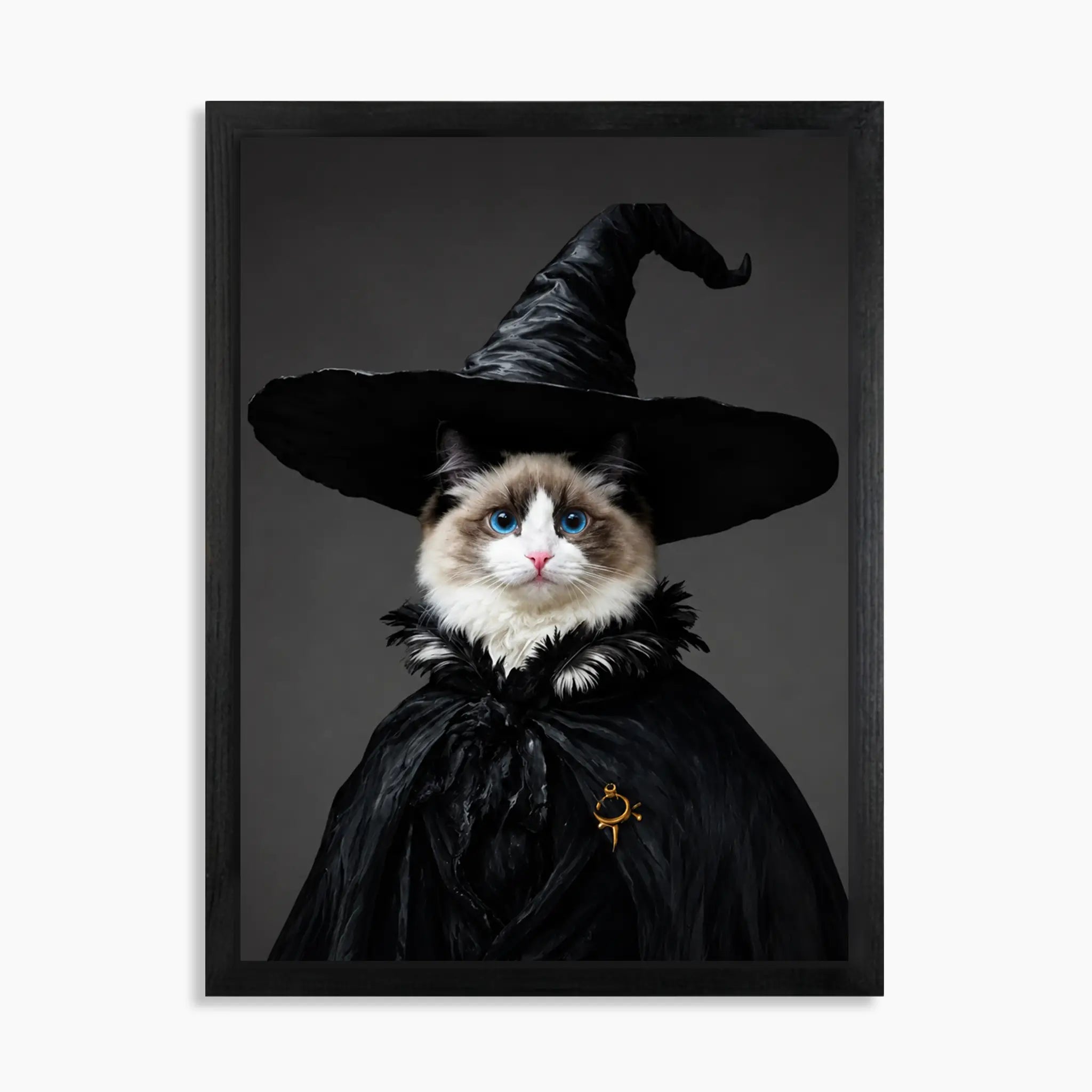 Custom witch pet portrait on wood: cat in a black witch hat and feathered cloak for Halloween, 16x20 in black wood frame