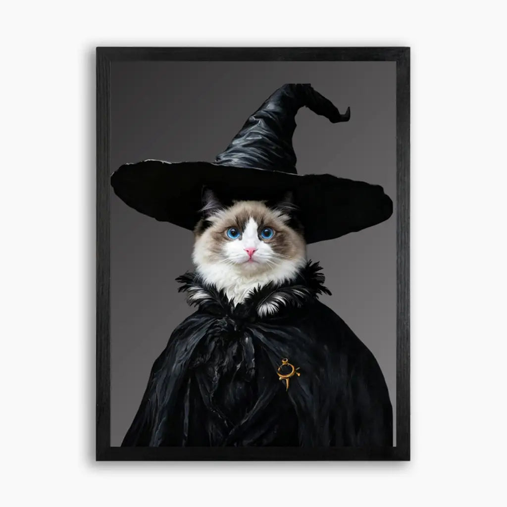 Custom witch pet portrait on wood — a cat in a black witch hat and cloak, a spooky Halloween wooden wall art.