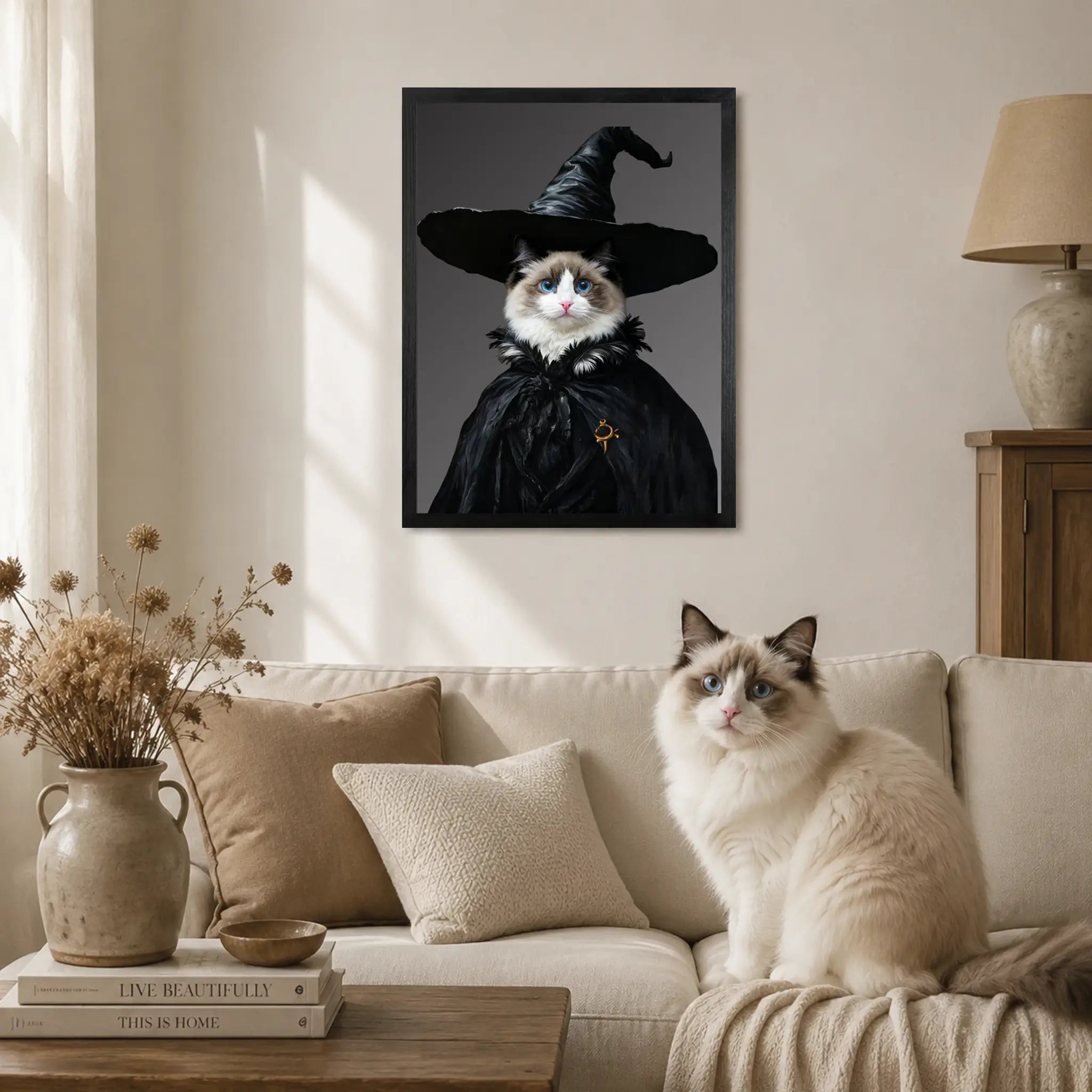 Personalized Halloween witch cat portrait on wood displayed as framed wall art, created from your pet photo.