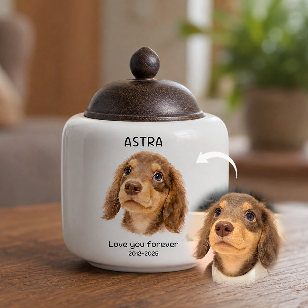 Side view of personalized dog urn showing watercolor portrait illustration and wood lid detail