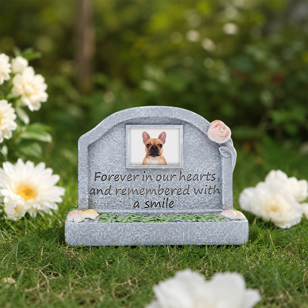 Dog memorial resin figurine with built-in photo frame shaped like a headstone keepsake