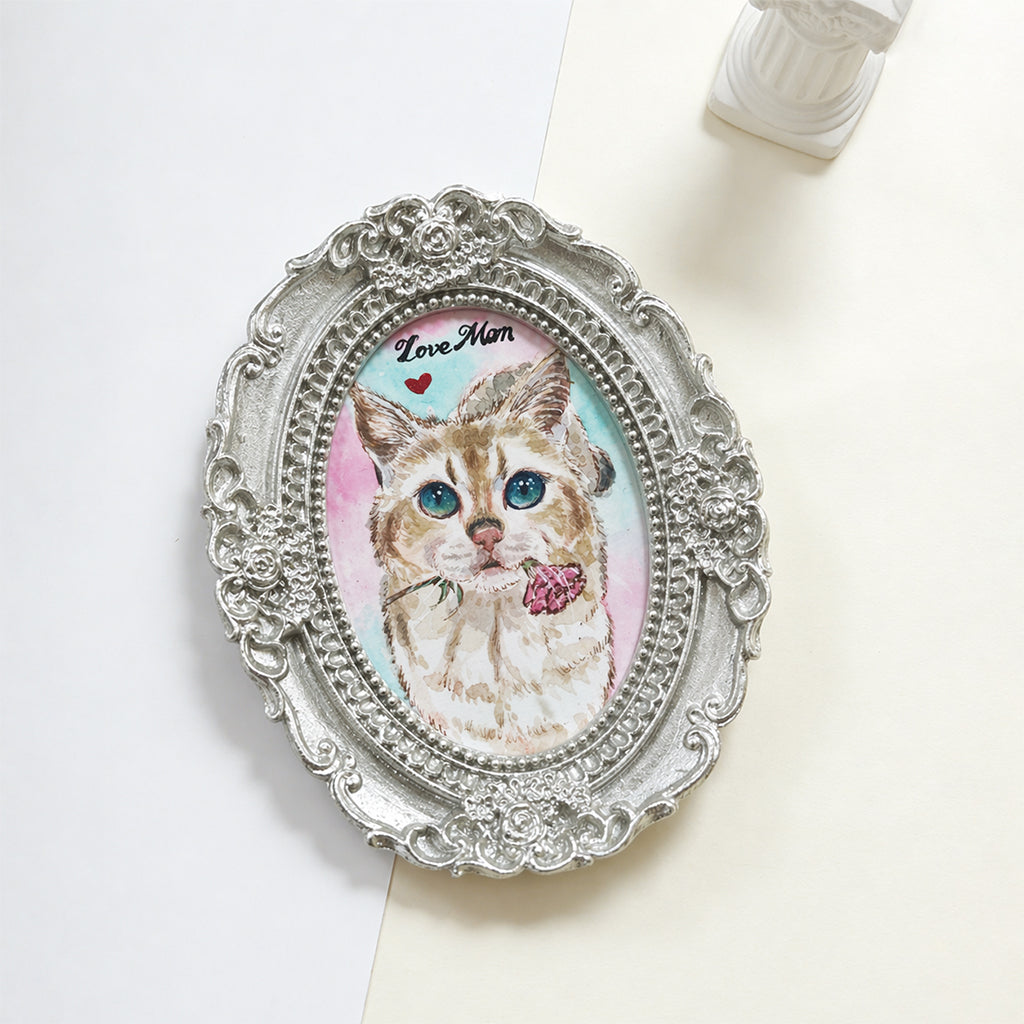 Custom watercolor pet portrait gift shown from the front with vintage oval frame and mat detail