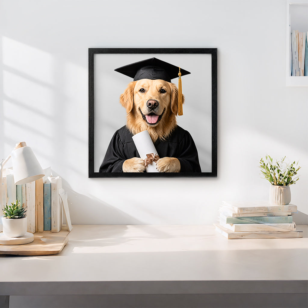Custom dog graduation wood portrait shown in multiple size options including 7x7 and 16x20