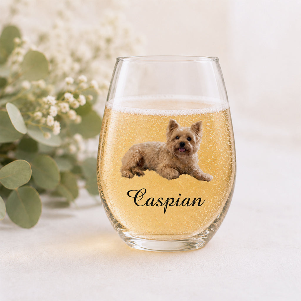 Custom pet stemless wine glass shown in 11oz, 15oz, and 17oz size options side by side