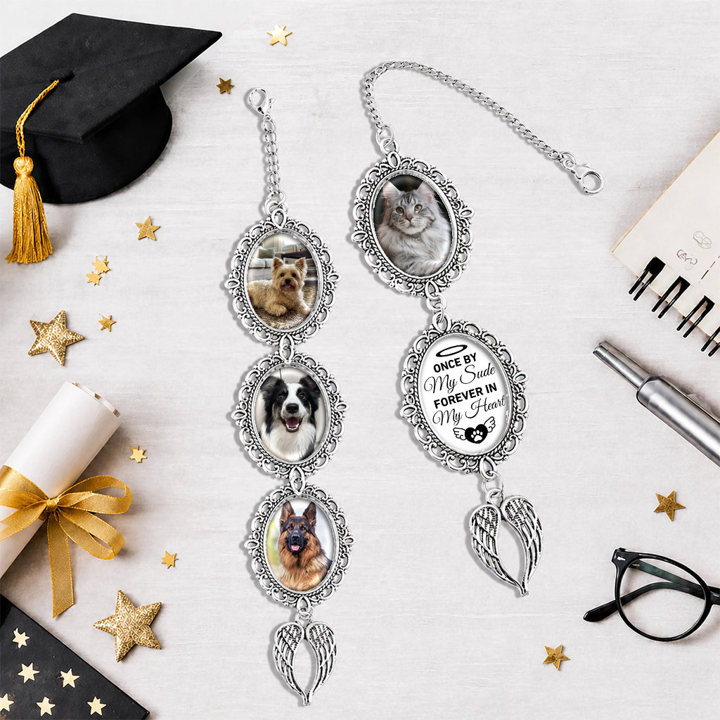 Custom pet graduation tassel charm shown as a pet memorial keepsake for a graduation ceremony