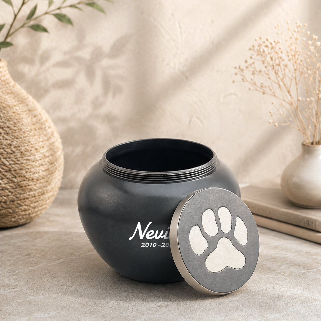 Custom Pet Cremation Urn – Brass Paw Print with Name & Dates