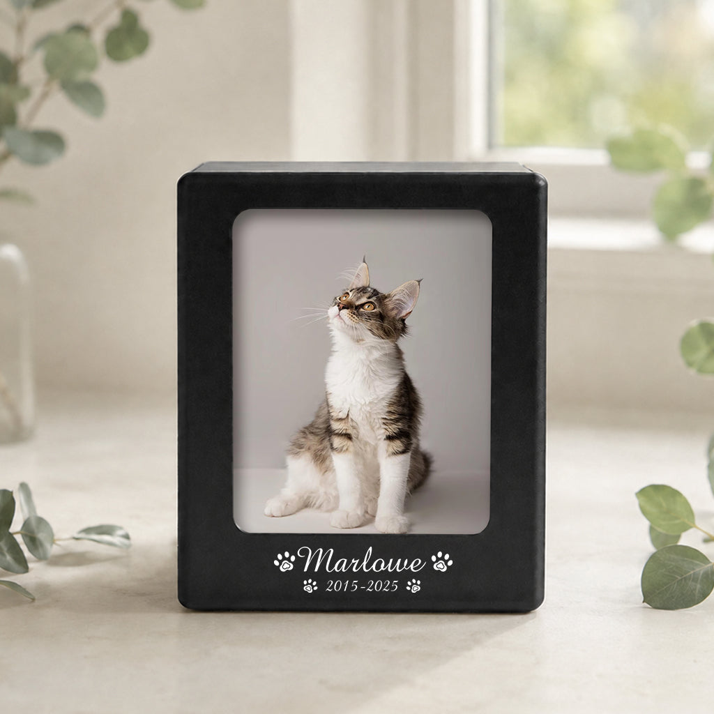 Matte black wooden cat cremation urn box with framed cat photo and crystal name sticker on front