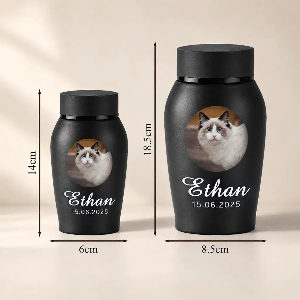Custom photo cat urn displayed at home as a keepsake memorial for a beloved cat