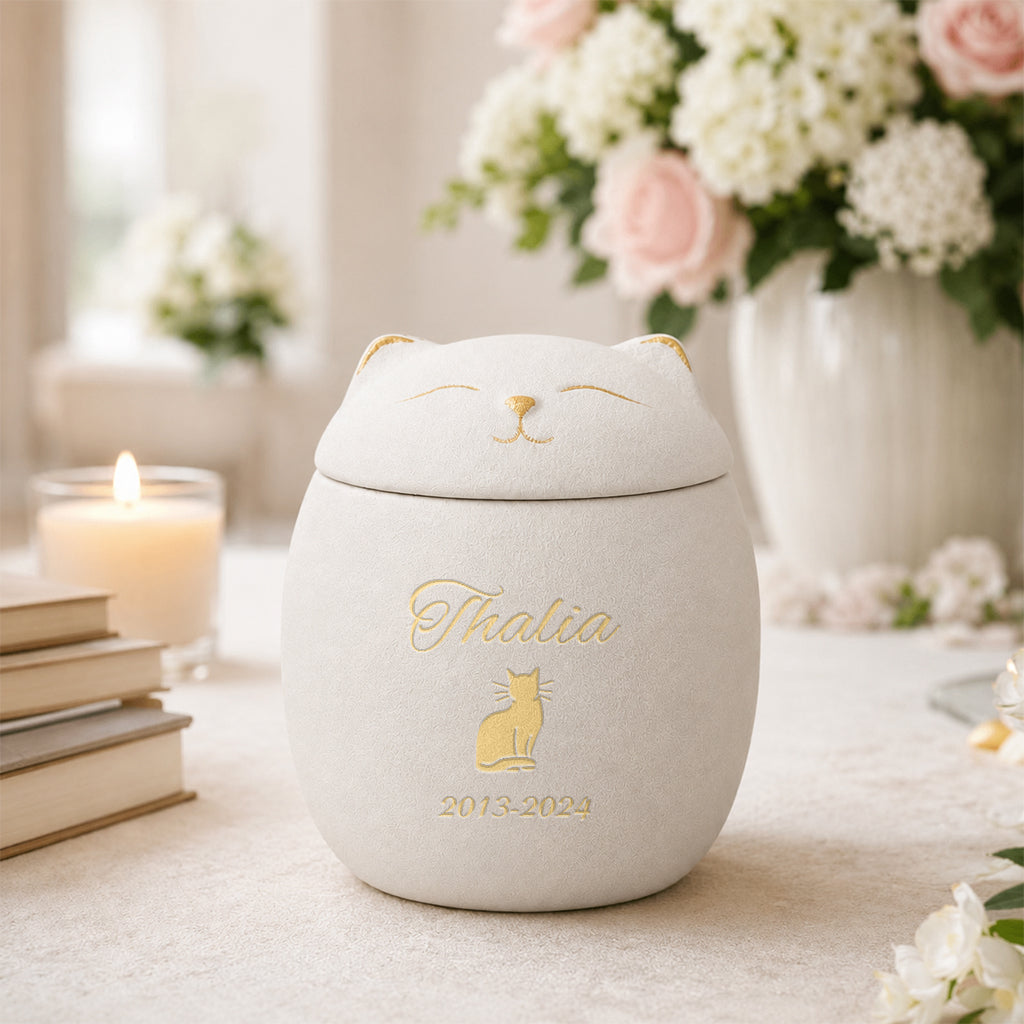 White ceramic cat-shaped urn with custom name displayed on a shelf as a cat memorial keepsake