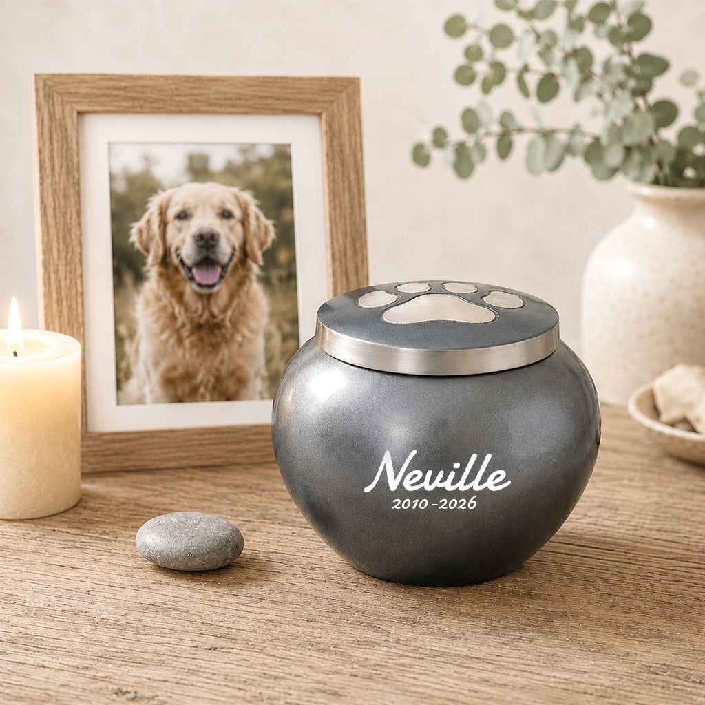 Custom Pet Cremation Urn – Brass Paw Print with Name & Dates