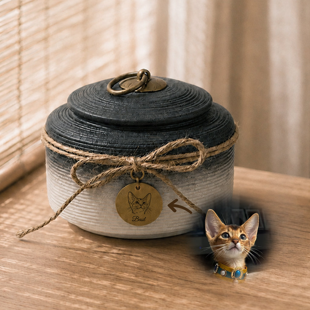 Size guide showing small and large cat cremation urn options with capacity in milliliters