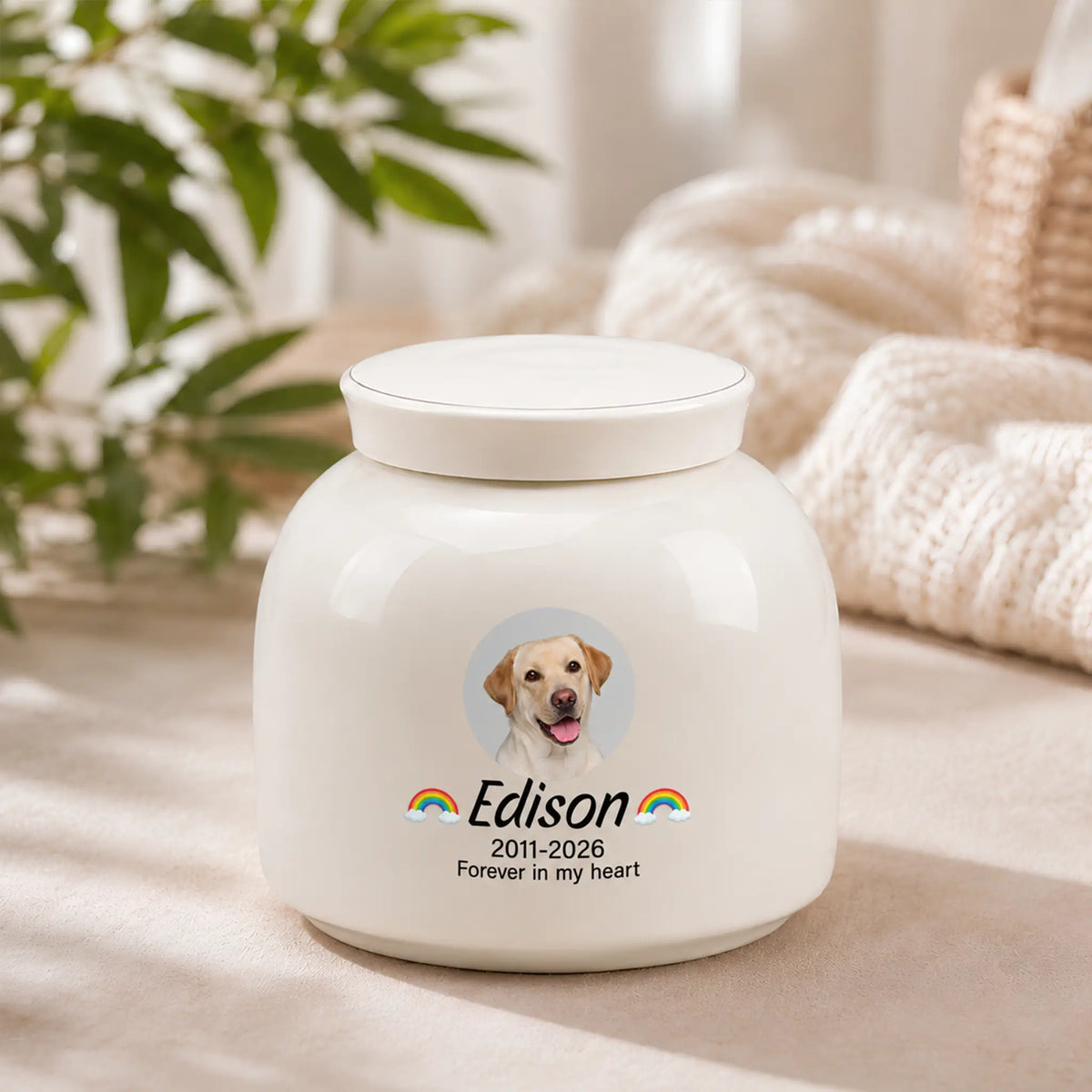 Rainbow dog memorial urn in cream ceramic on a soft knit throw, with the pet's photo and name on the front