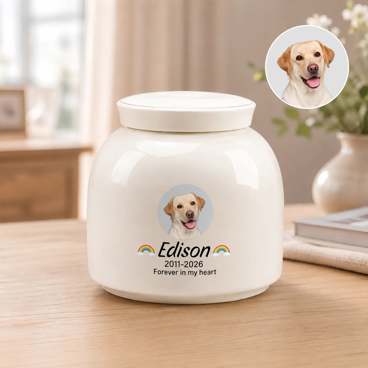 A personalized ceramic pet memorial jar with a lid, shown on a wooden table in a softly blurred indoor setting. The jar is white and features a printed photo of a yellow Labrador retriever, the name 'Edison', the years '2011-2026', and the phrase 'Forever in my heart' with small rainbow accents.