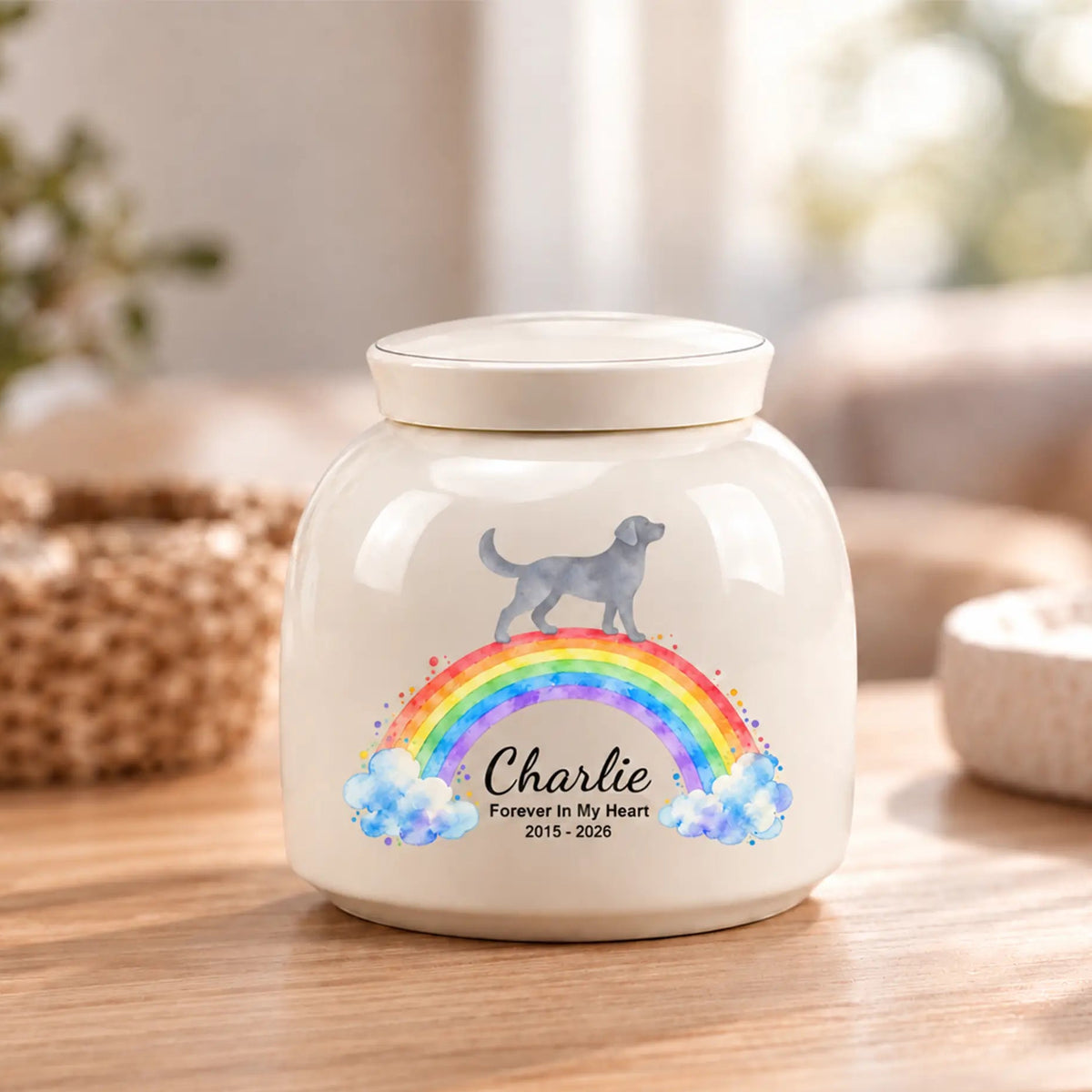 Cream ceramic rainbow bridge dog urn on a wooden table at home, watercolor rainbow and dog silhouette in view