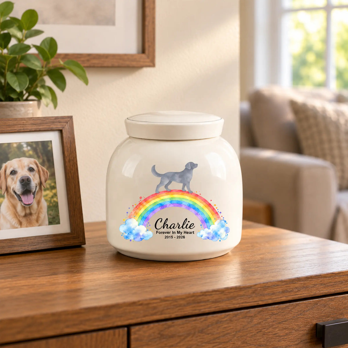 Rainbow bridge dog urn on a sideboard beside a framed dog photo, showing the printed name, line and years
