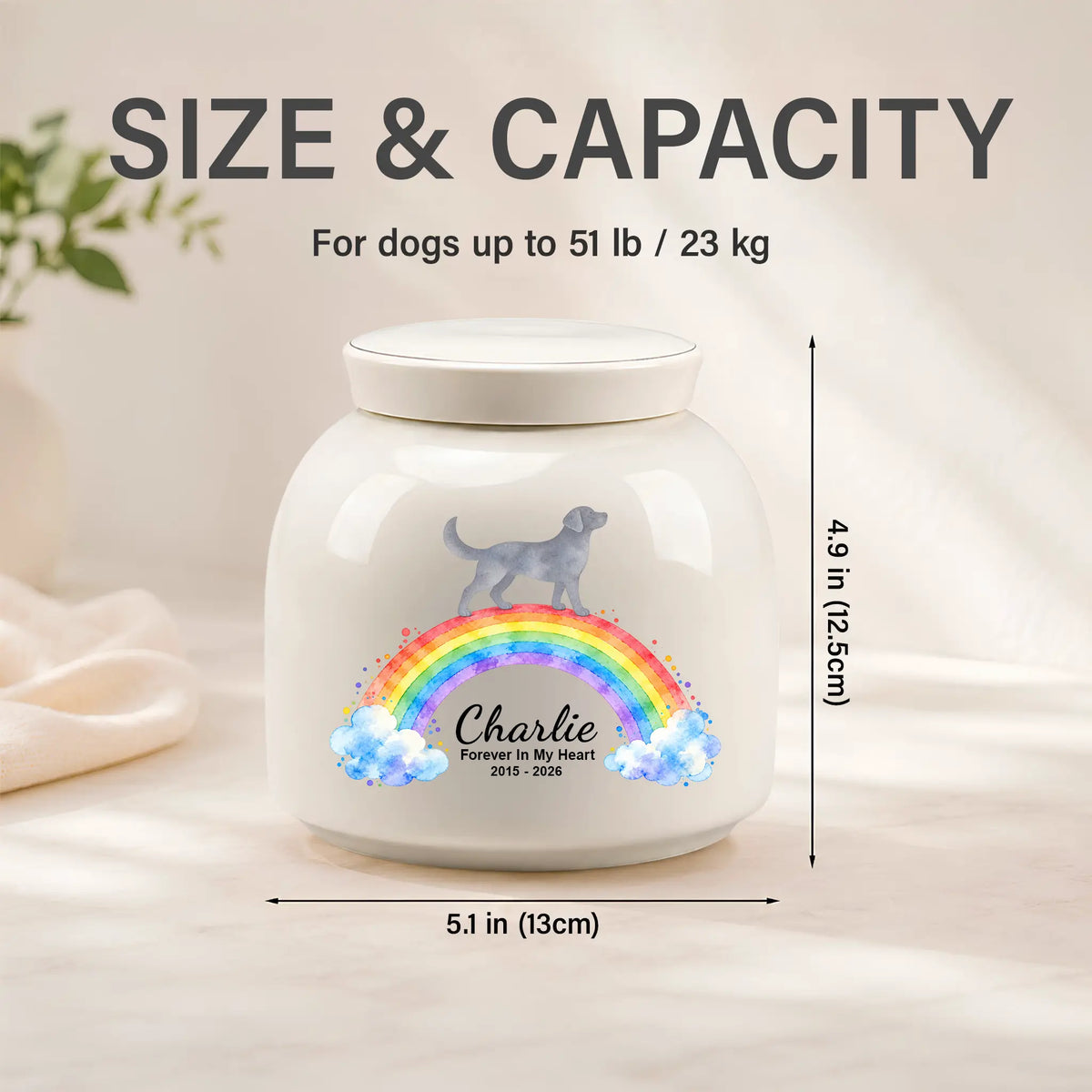 Rainbow bridge dog urn size chart: 5.1 in (13 cm) wide, 4.9 in (12.5 cm) tall, for dogs up to 51 lb / 23 kg
