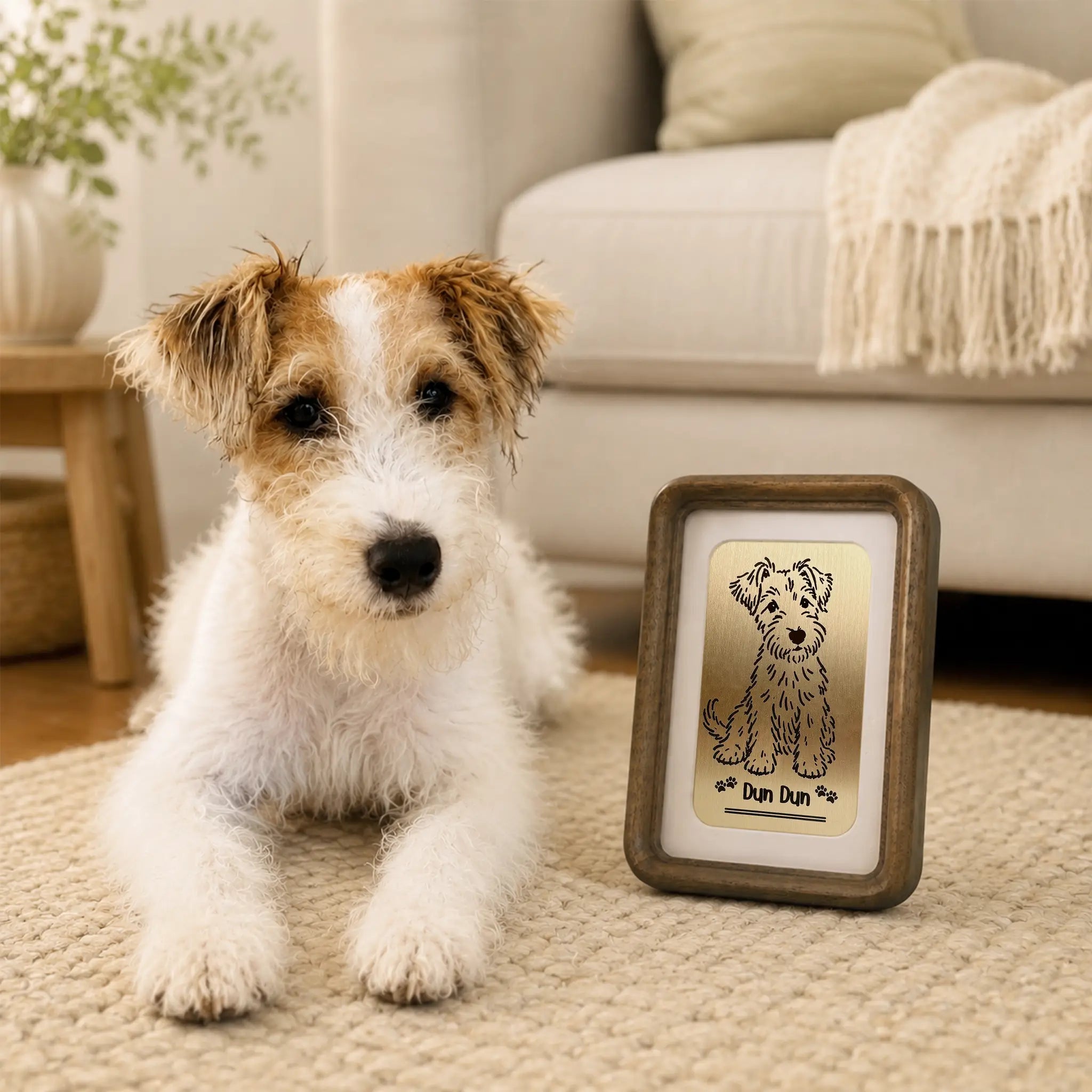 Real dog next to its line art brass engraving, showing how closely the portrait matches the photo