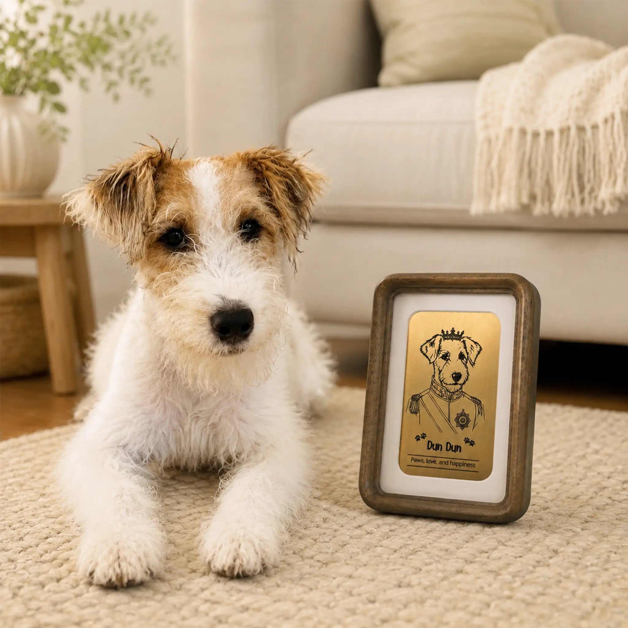 Real dog beside its royal style engraved brass portrait, showing the likeness of the custom artwork