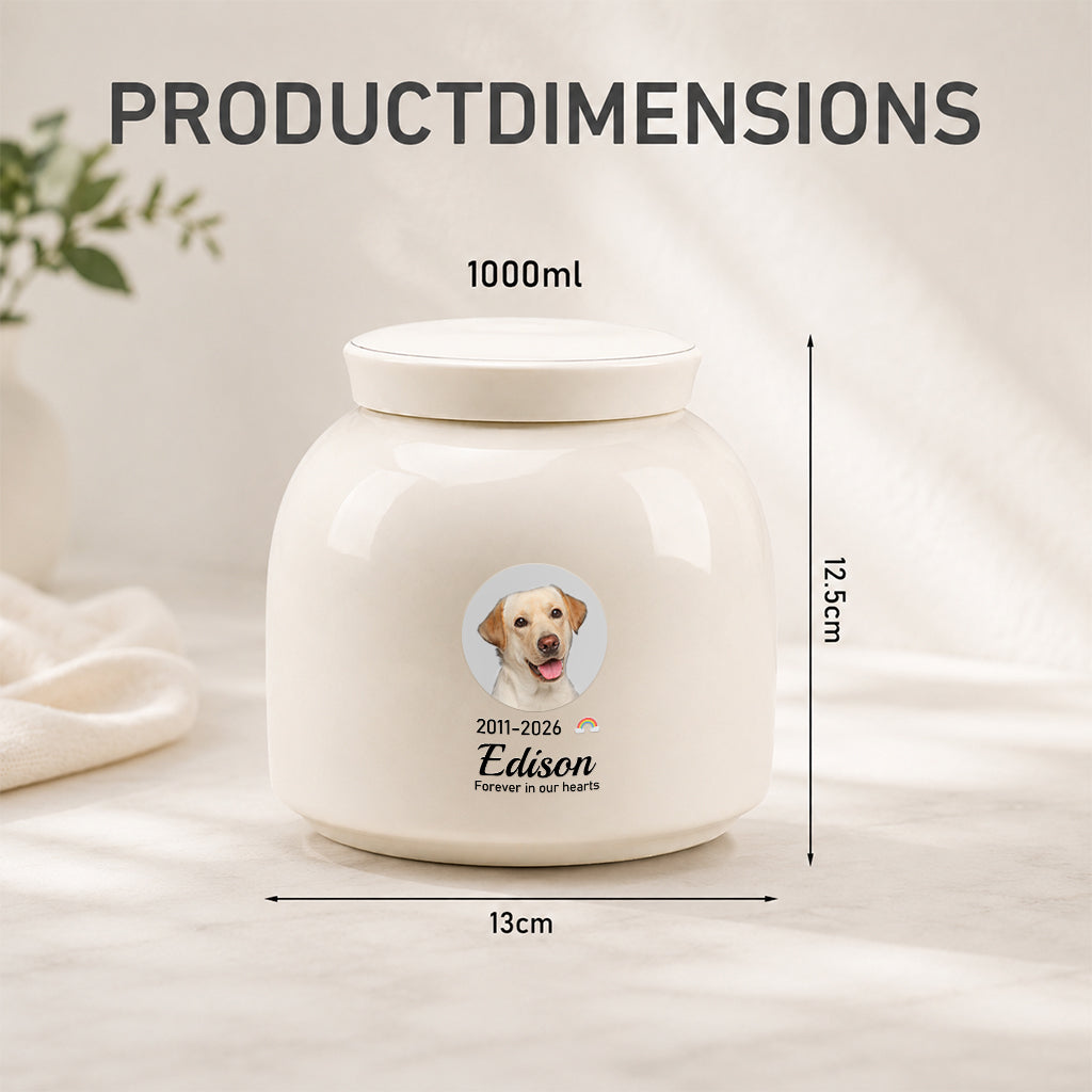 Dog cremation photo urn displayed on a shelf as a personalized dog memorial keepsake