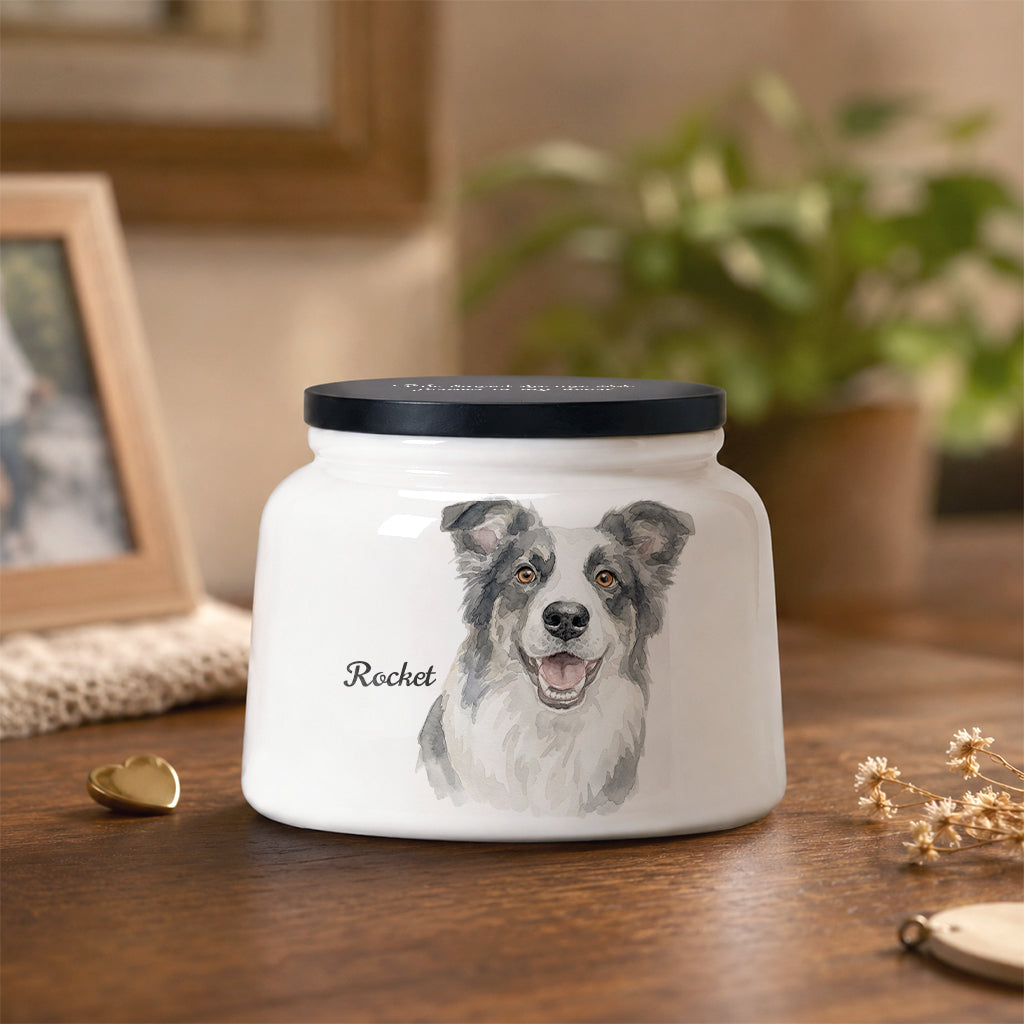 White ceramic jar with a dog illustration and 'Rocket' text on a wooden surface.