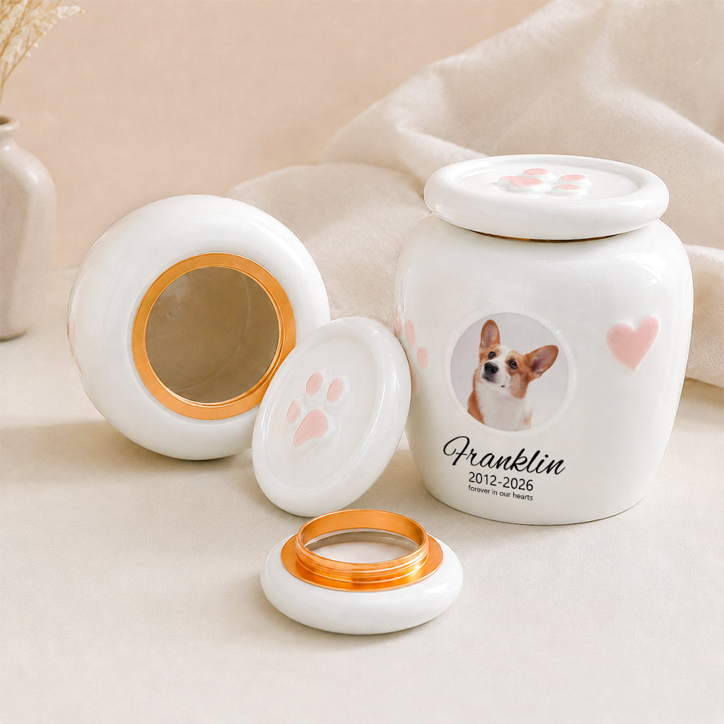 Back of dog cremation urn with photo window showing personalized name and custom message text