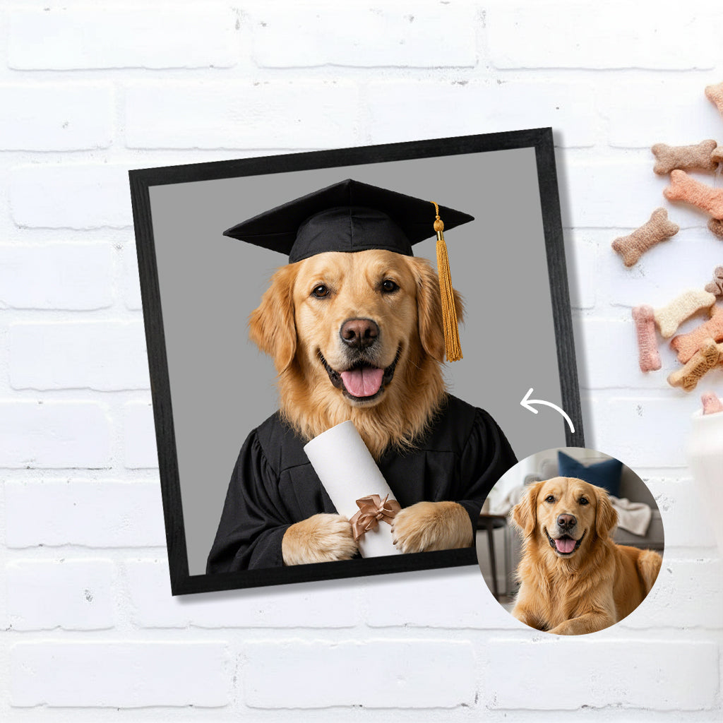 Framed dog graduation portrait on wood displayed on a wall as a funny pet graduation keepsake