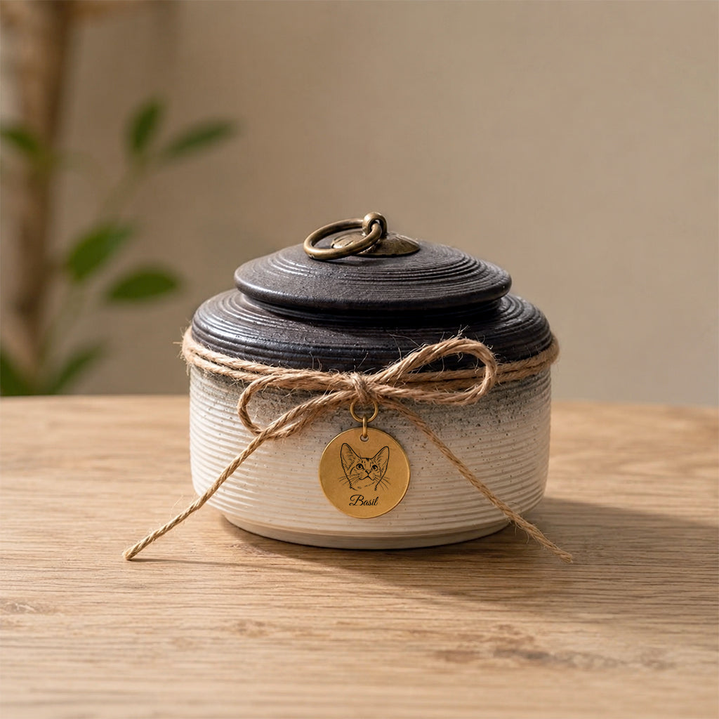 Textured ceramic cat cremation urn with jute bow and engraved portrait charm tag in ombre finish