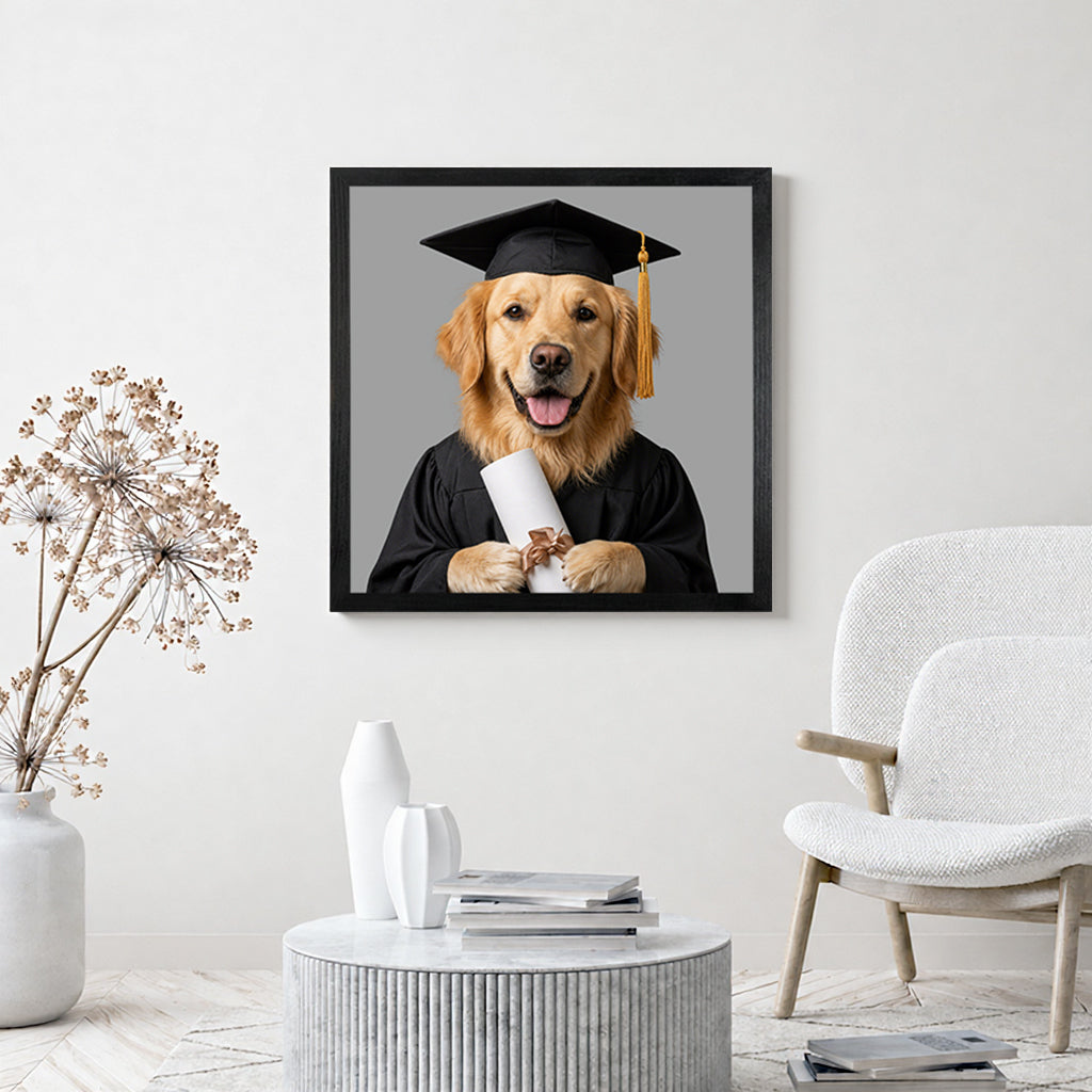 Close-up of graduation cap and diploma detail on a custom dog portrait printed on wood