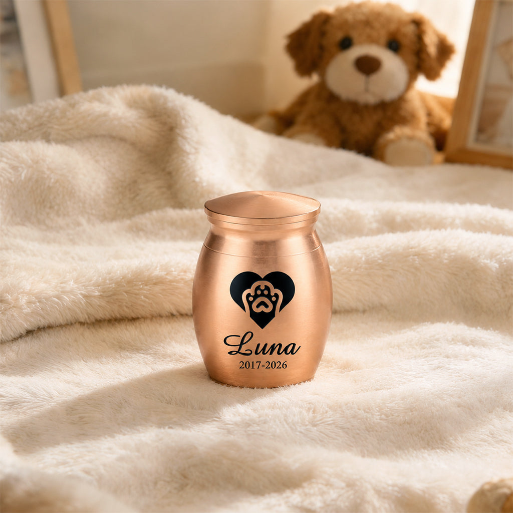 Personalized engraved pet cremation urn standing upright showing full front design detail