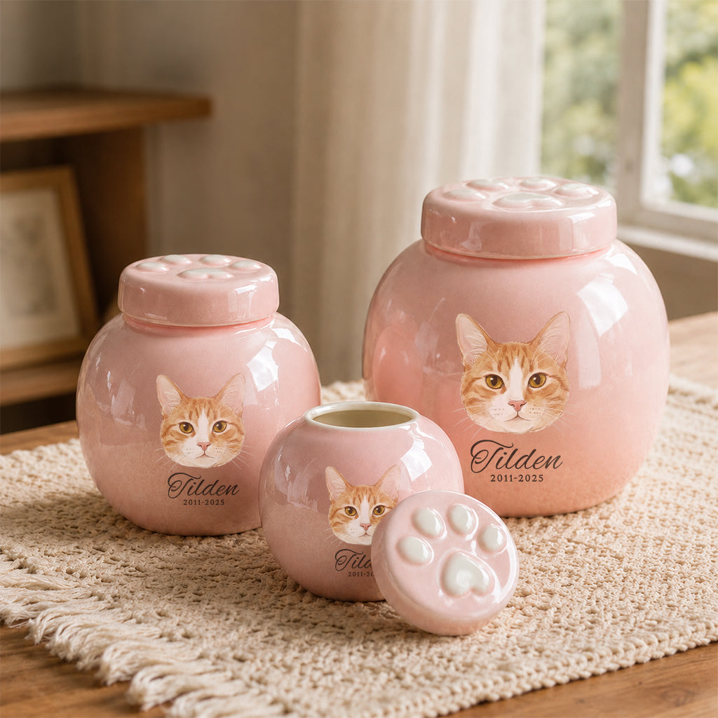 Close-up of custom cat portrait and engraved name printed on a pink ceramic cremation urn