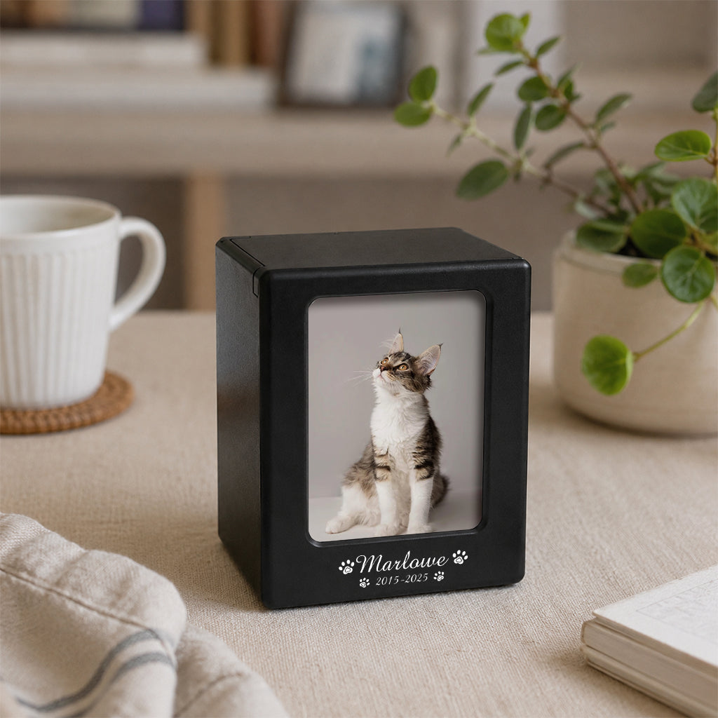Side view of black wood cat memorial urn box showing photo frame inset and smooth matte finish