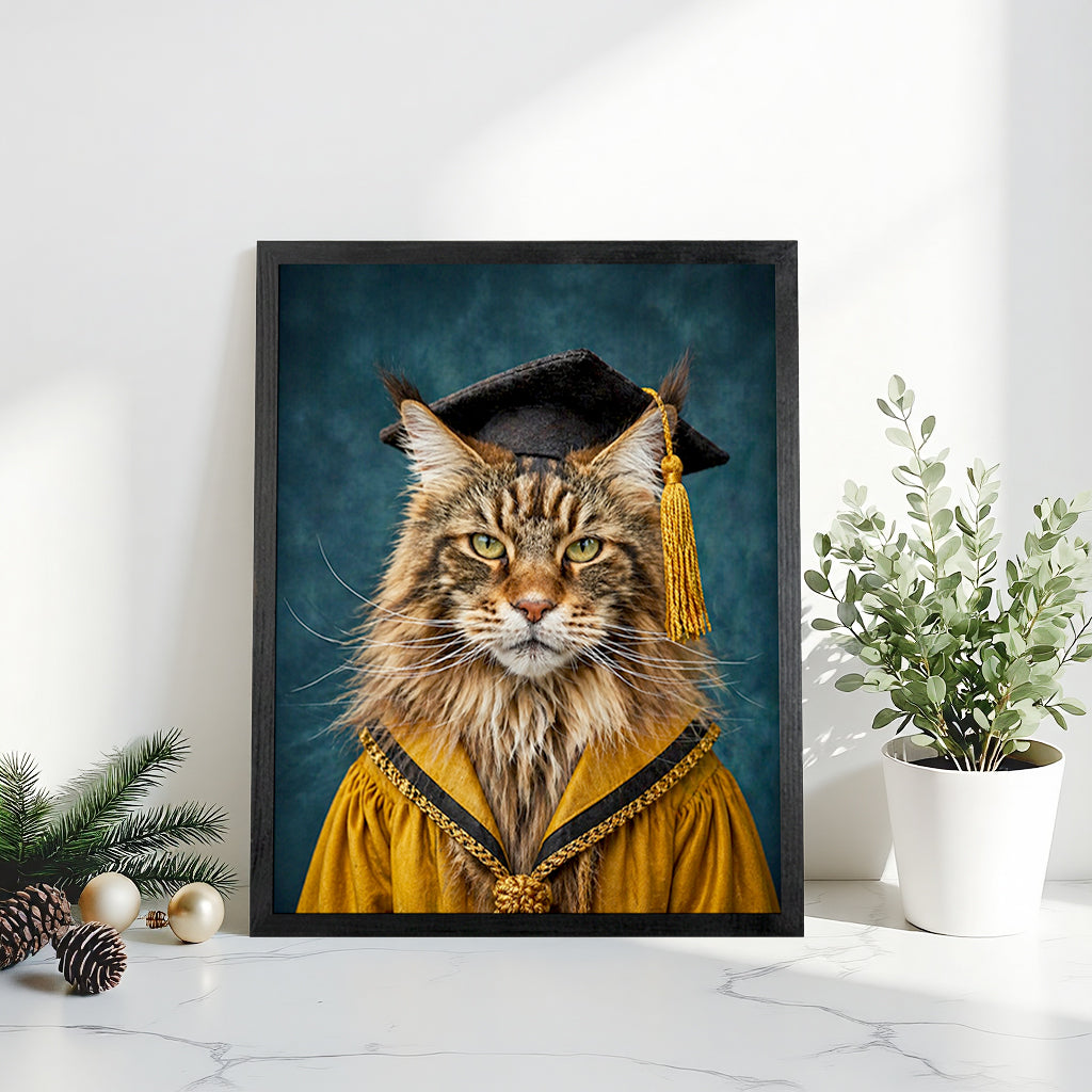 Close-up of graduation cap and scroll detail on a custom cat portrait printed on wood