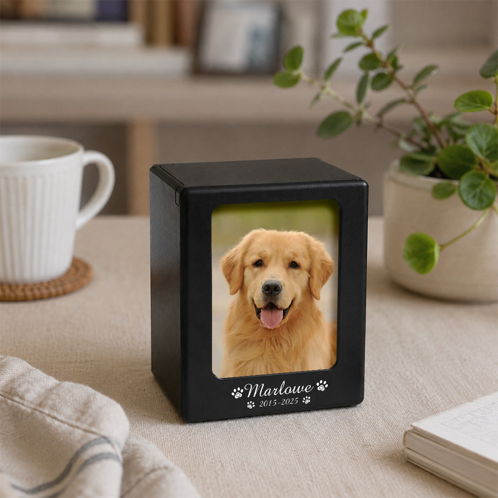 Side view of black wood dog memorial urn box showing photo frame inset and smooth matte finish