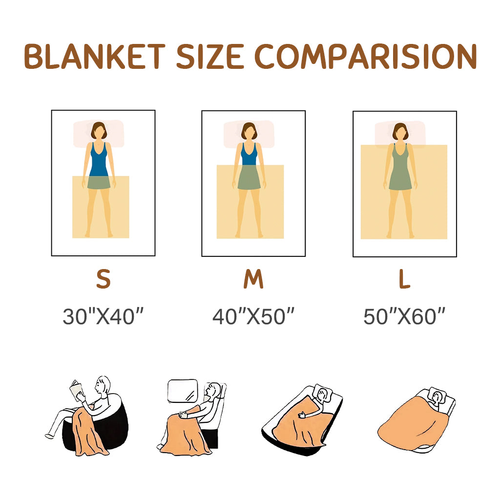 Size guide for custom cat graduation fleece blanket showing 40x30, 50x40, and 60x50 options