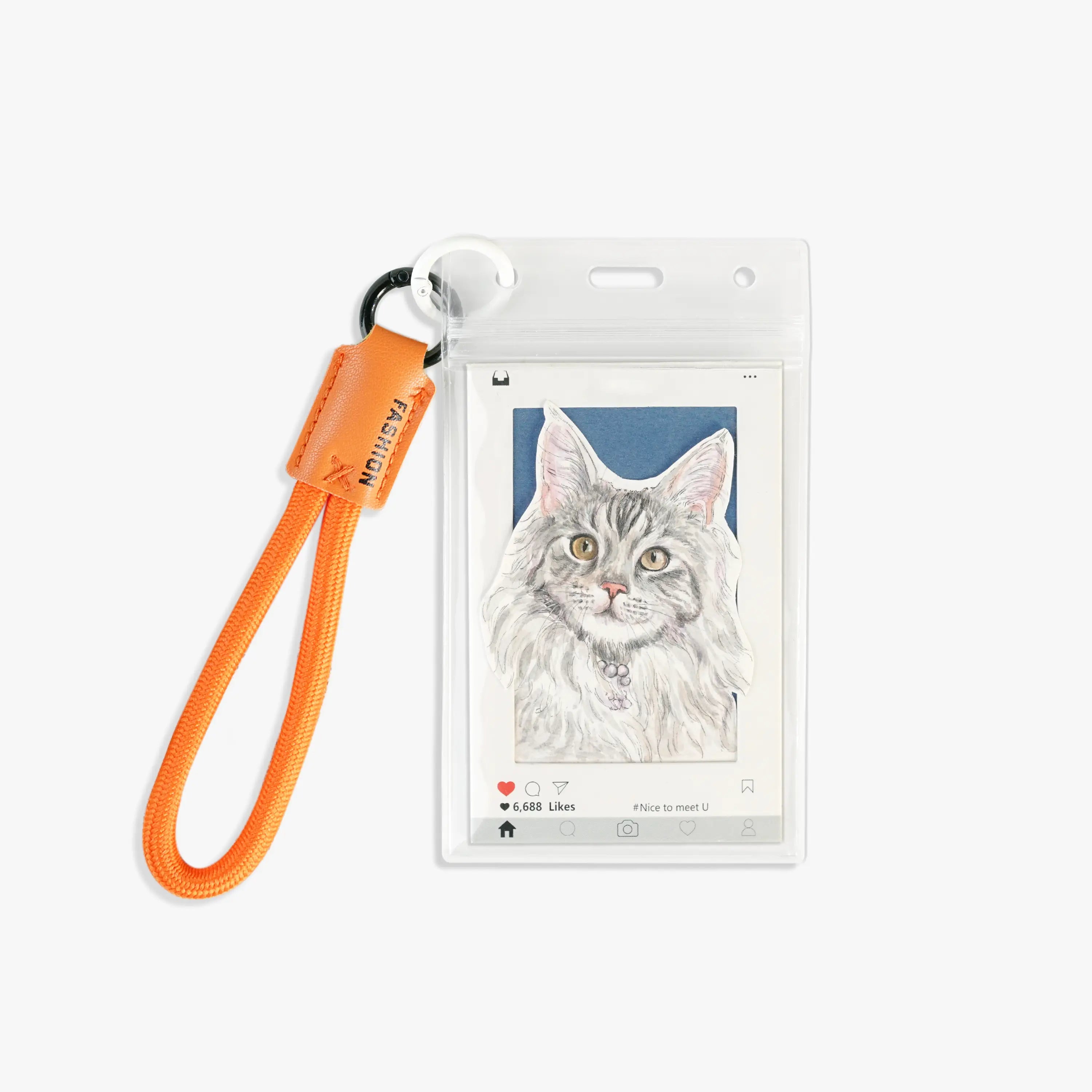 Custom cat portrait keychain with a hand-painted watercolor cat in a white Instagram-style frame