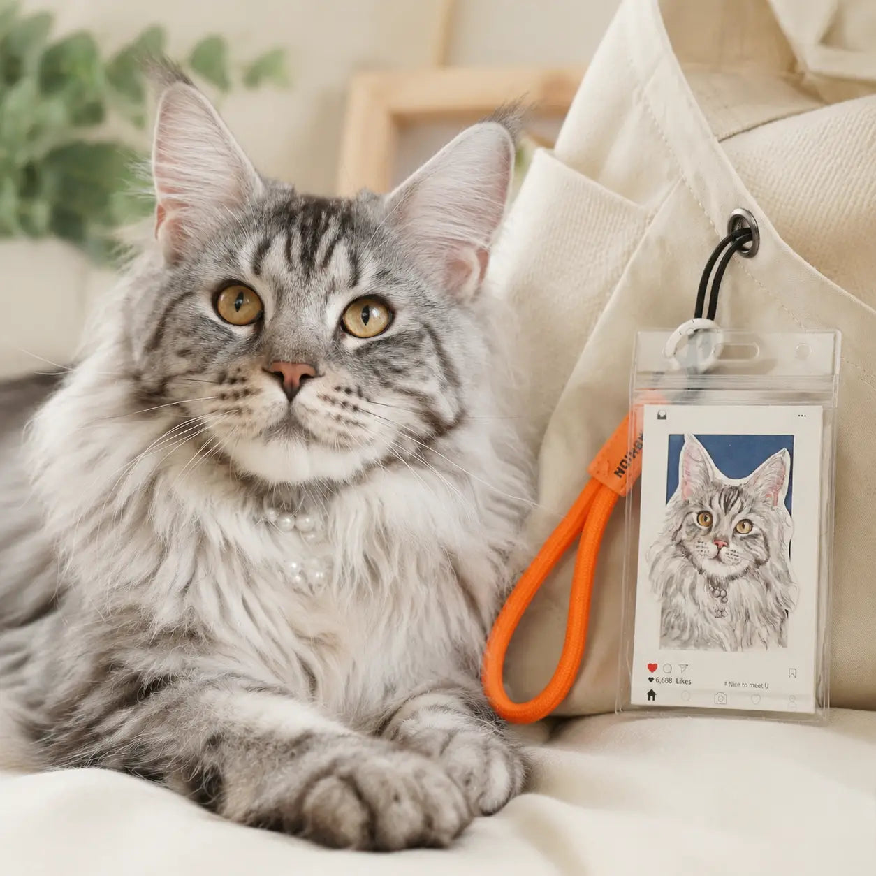 Personalized cat portrait keychain shown beside a real silver cat for size reference