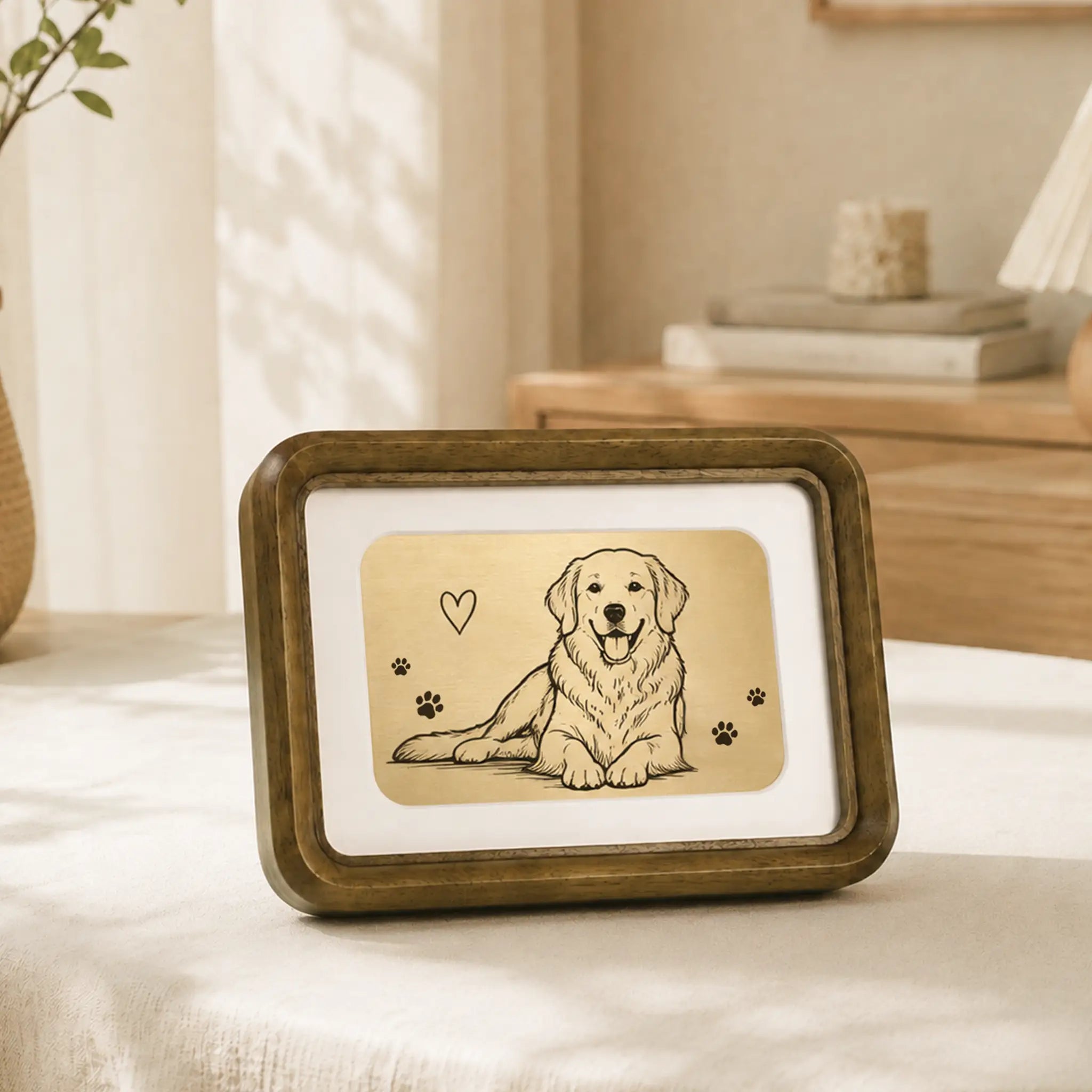 Landscape custom dog portrait engraved on brass, standing on a desk in a walnut frame