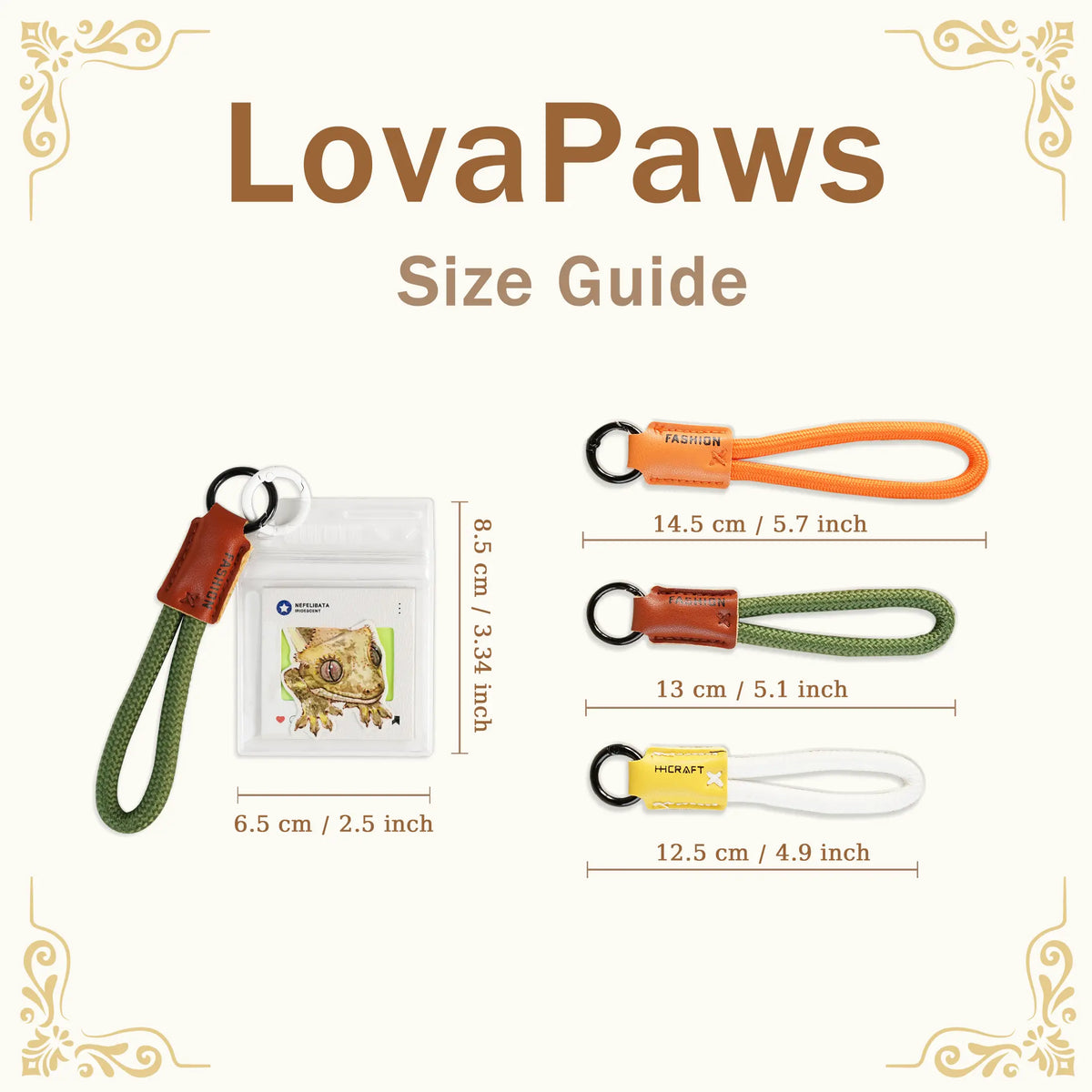 LovaPaws pet ID tag size guide showing four strap options with measurements: green 6.5 cm / 2.