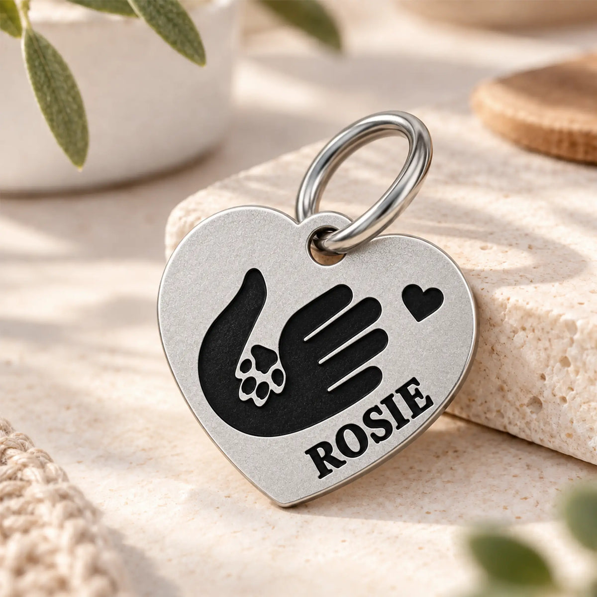Paw in Hand Personalized Heart Dog ID Tag – Stainless Steel
