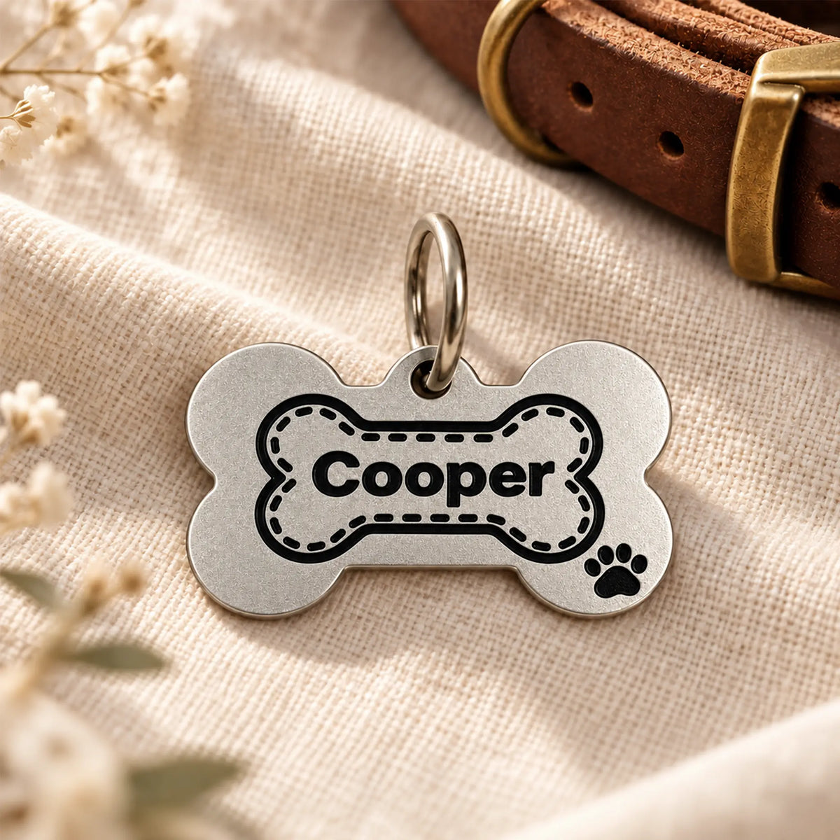 Pawprint Bone Personalized Dog ID Tag – Silver-Tone Stainless Steel