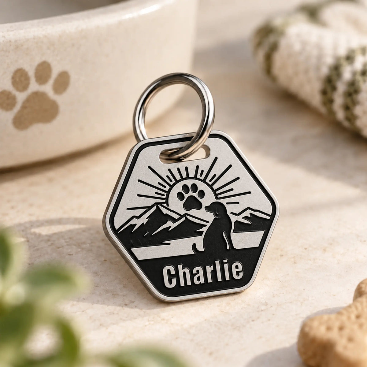 Pawprint Sunrise Personalized Dog ID Tag – Stainless Steel