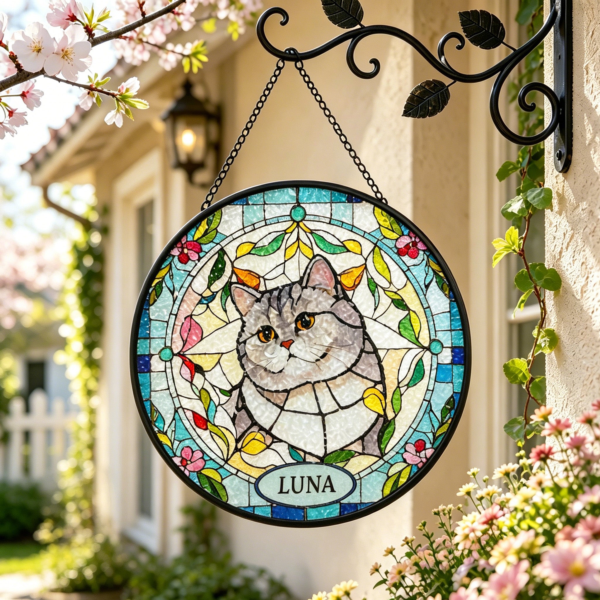 Personalized cat stained glass suncatcher with custom name displayed outside among cherry blossoms