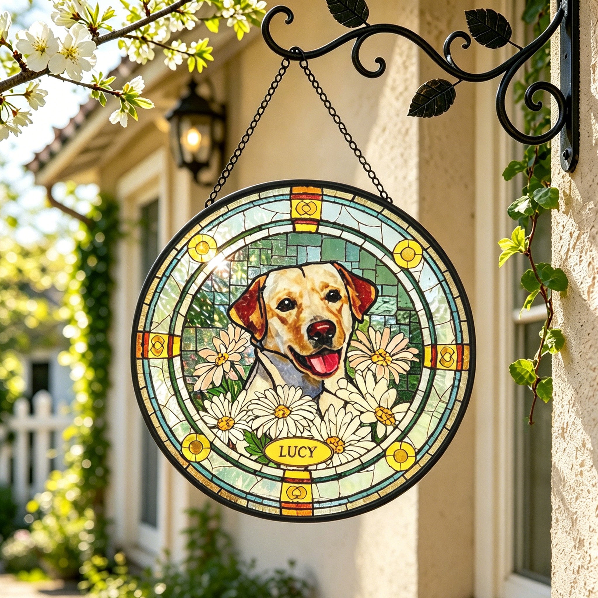 Custom Labrador portrait stained glass suncatcher hanging outdoors on a black iron bracket by the porch