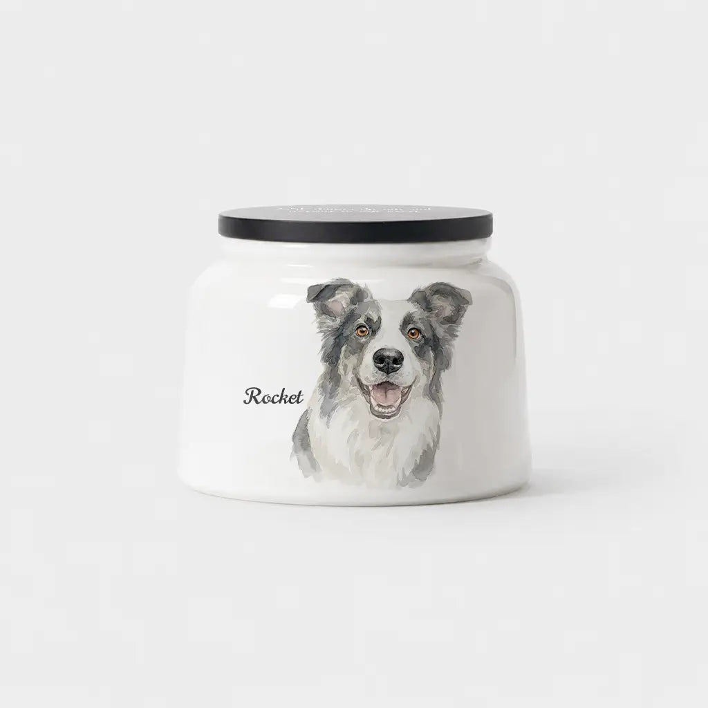 Personalized watercolor dog cremation urn presented as a dignified keepsake gift for ashes