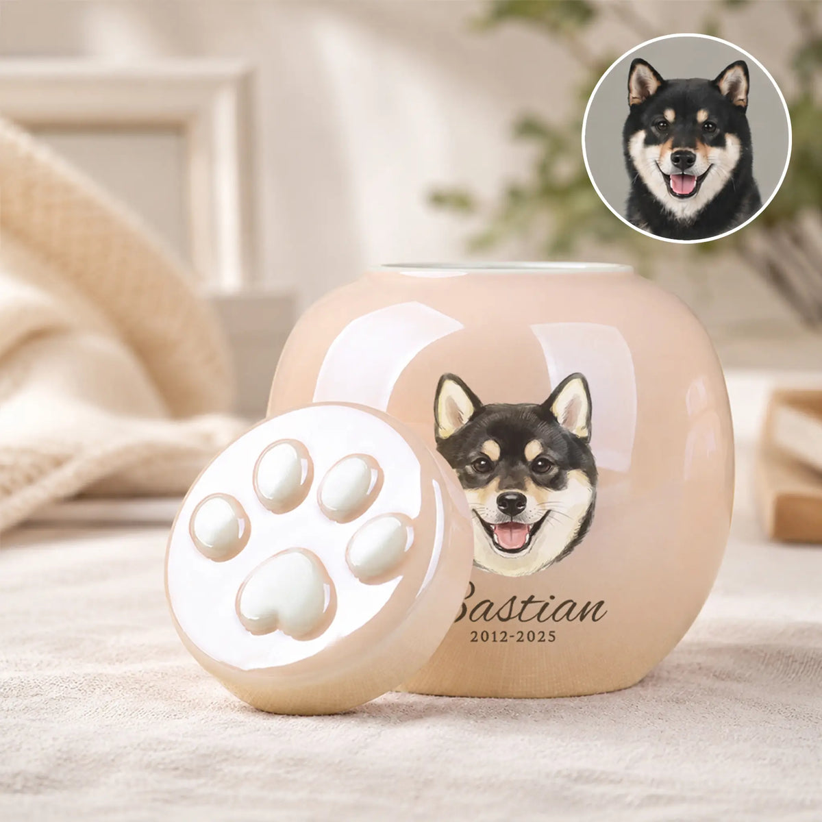 Pink personalized dog cremation urn with the paw‑print lid off, showing a pet photo turned into a hand‑painted watercolor portrait printed on the urn.
