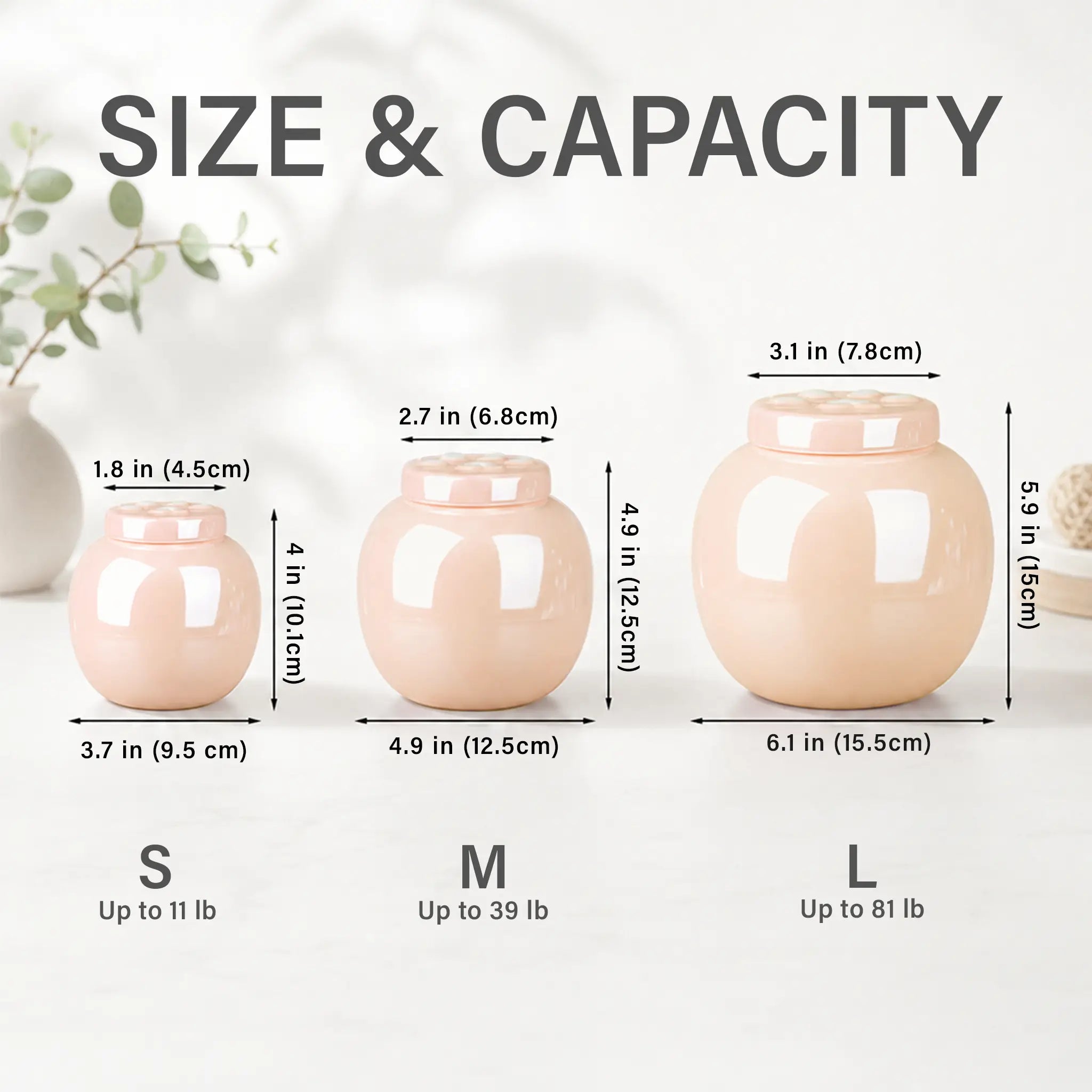 Size and capacity chart for the pink dog cremation urn: Small up to 11 lb, Medium up to 39 lb, Large up to 81 lb, with height and width in inches and cm.