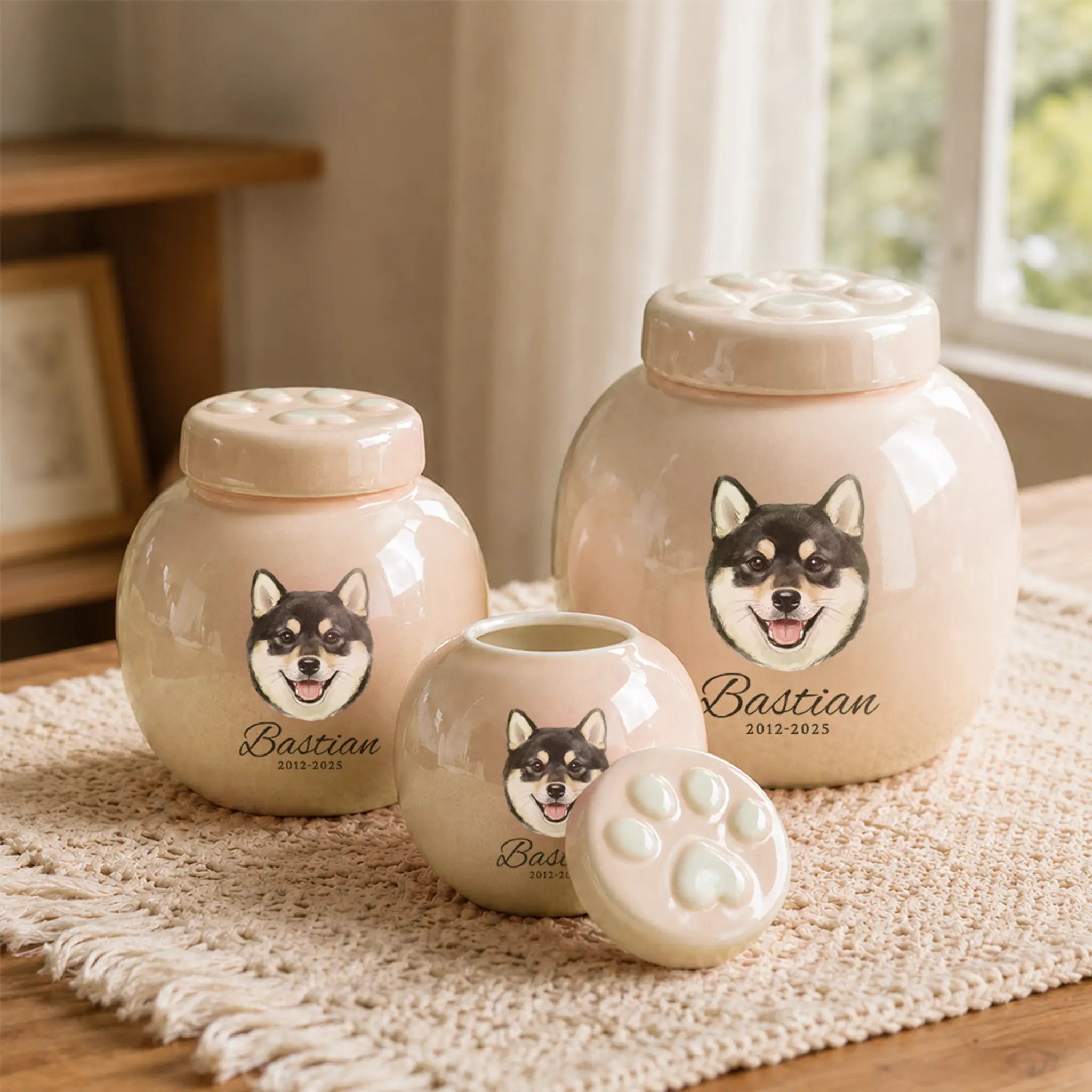 Small, medium, and large pink paw‑print dog cremation urns with a custom watercolor dog portrait, arranged together on a woven table runner.