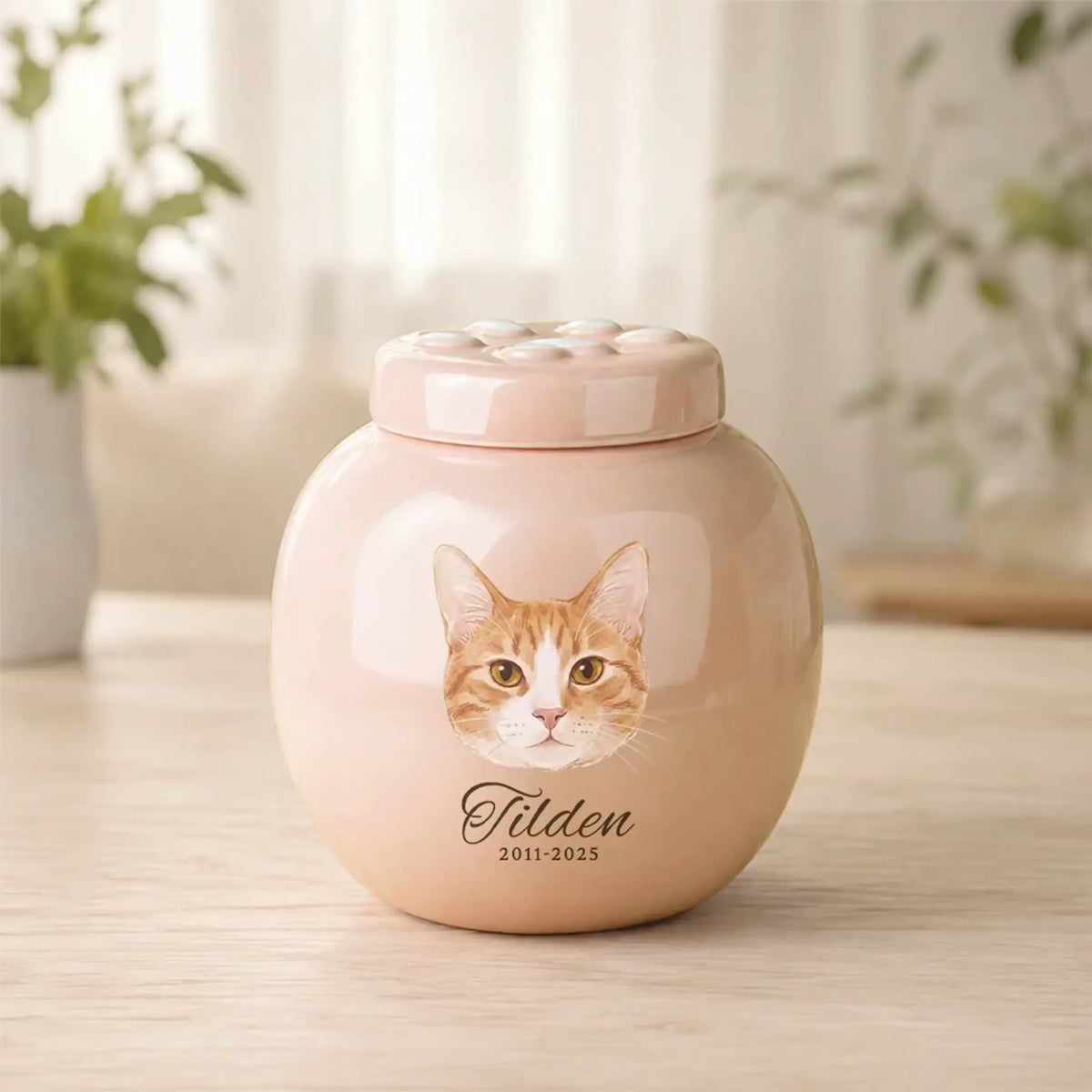 Personalized pink ceramic cat cremation urn with a hand-painted watercolor cat portrait, the name Tilden, memorial years 2011–2025, and a paw-print lid, on a wooden table