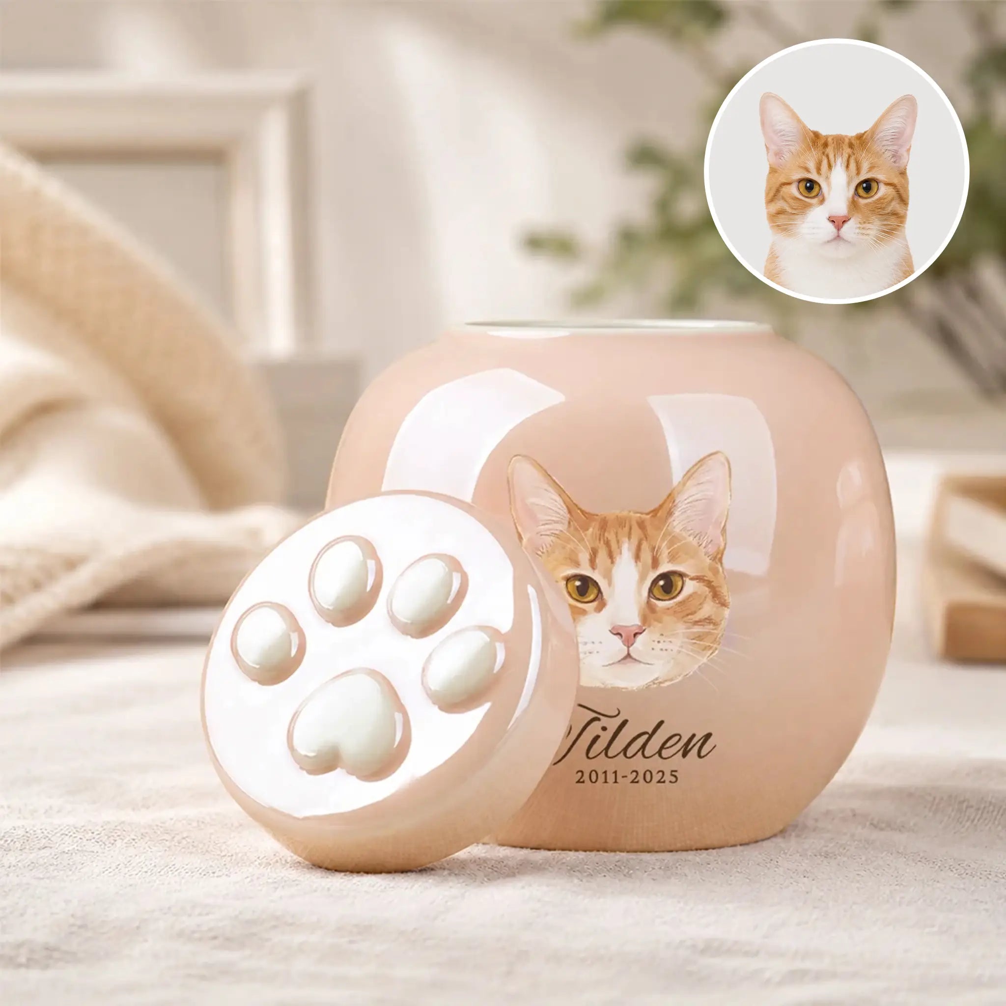 Pink personalized cat cremation urn with the paw-print lid off, showing how a cat photo is turned into a hand-painted watercolor portrait printed on the urn